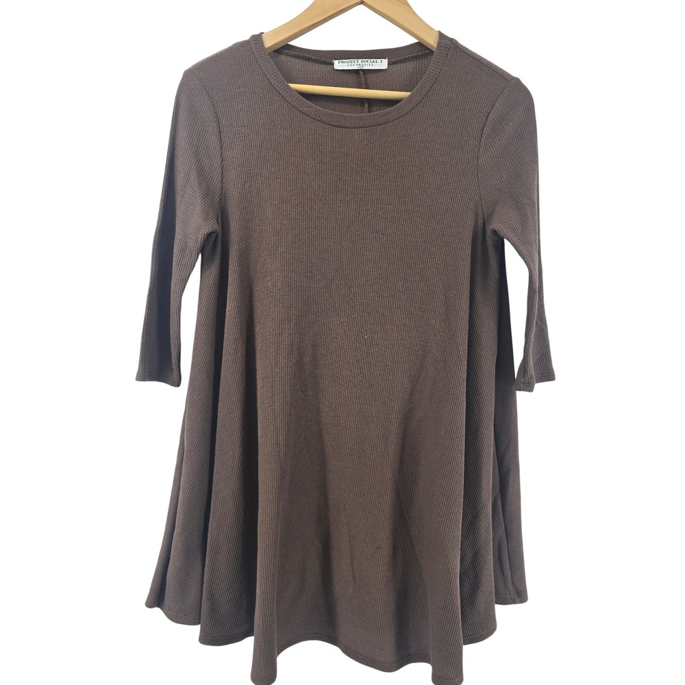 Project Social T Tunic Womens XS Brown Ribbed 3/4 Sleeve Babydoll Top 2317-71